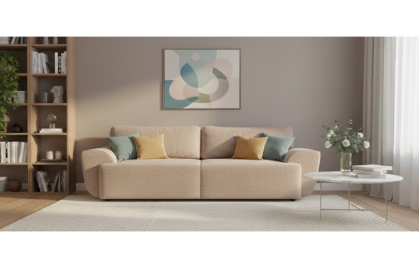 Sofa Cosy beżowa na sprężynach z funkcją spania i pojemnikiem